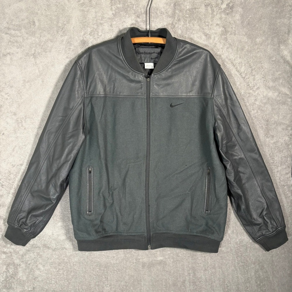 Nike Basketball Leather Wool Bomber Jacket Mens‎ XXL Grey Black 389892-060 HO10